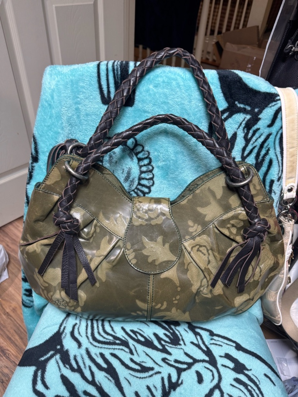 Falorni (Falor) Italia Le Borse Olive Green Leather Tote with Braided Handles